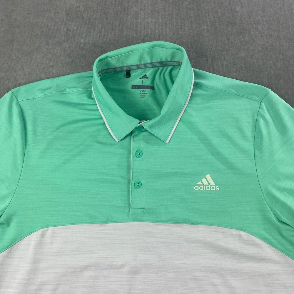Adidas Men L Mint Green Gray Golf Polo Shirt‎ Colorblock Performance Logo